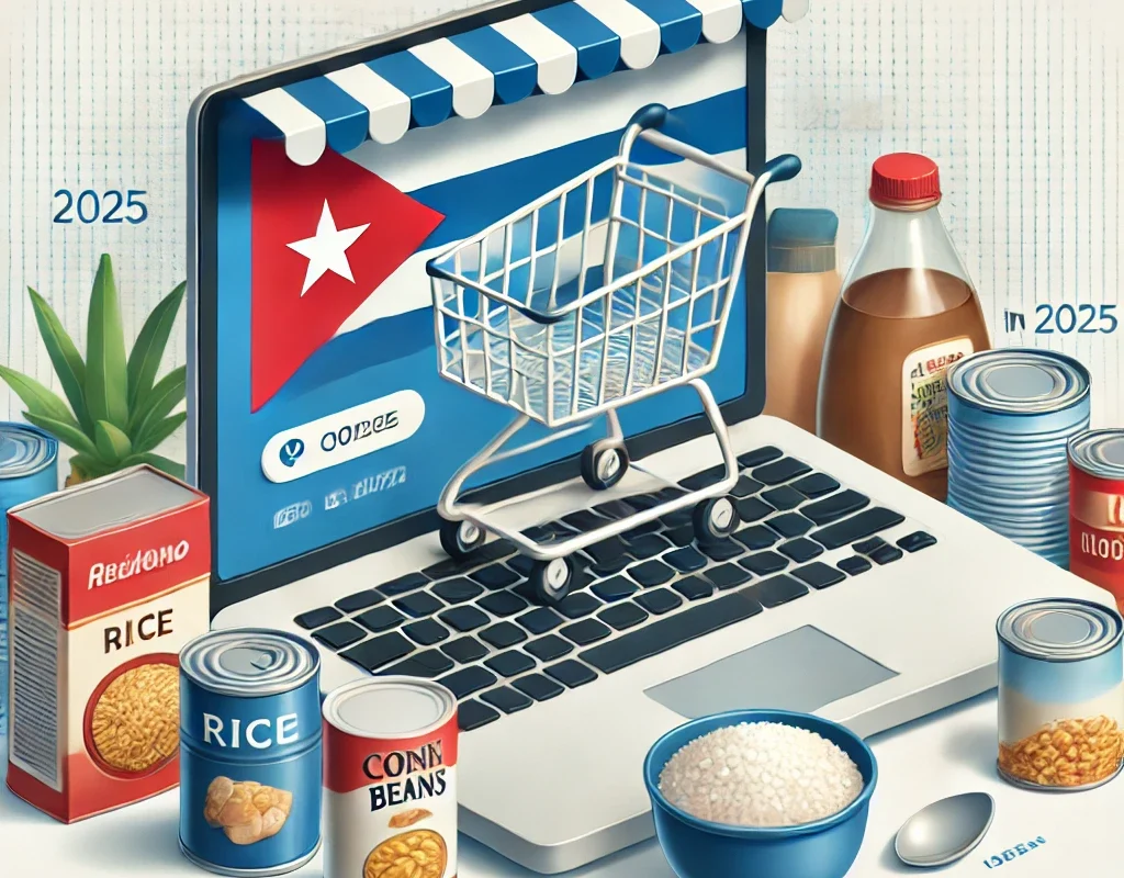 "Ilustración digital de una compra de alimentos en línea para envío a Cuba en 2025. Se muestra un portátil con un icono de carrito de compras en la pantalla, rodeado de productos esenciales como arroz, frijoles, productos enlatados y aceite de cocina. En el fondo, se observa sutilmente la bandera de Cuba, representando el destino del envío.