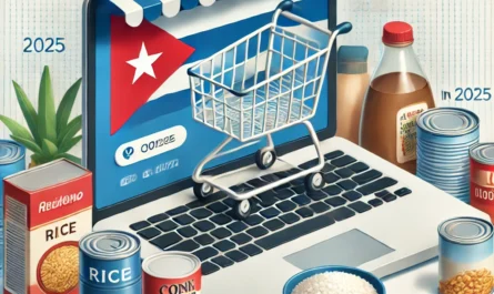 "Ilustración digital de una compra de alimentos en línea para envío a Cuba en 2025. Se muestra un portátil con un icono de carrito de compras en la pantalla, rodeado de productos esenciales como arroz, frijoles, productos enlatados y aceite de cocina. En el fondo, se observa sutilmente la bandera de Cuba, representando el destino del envío.