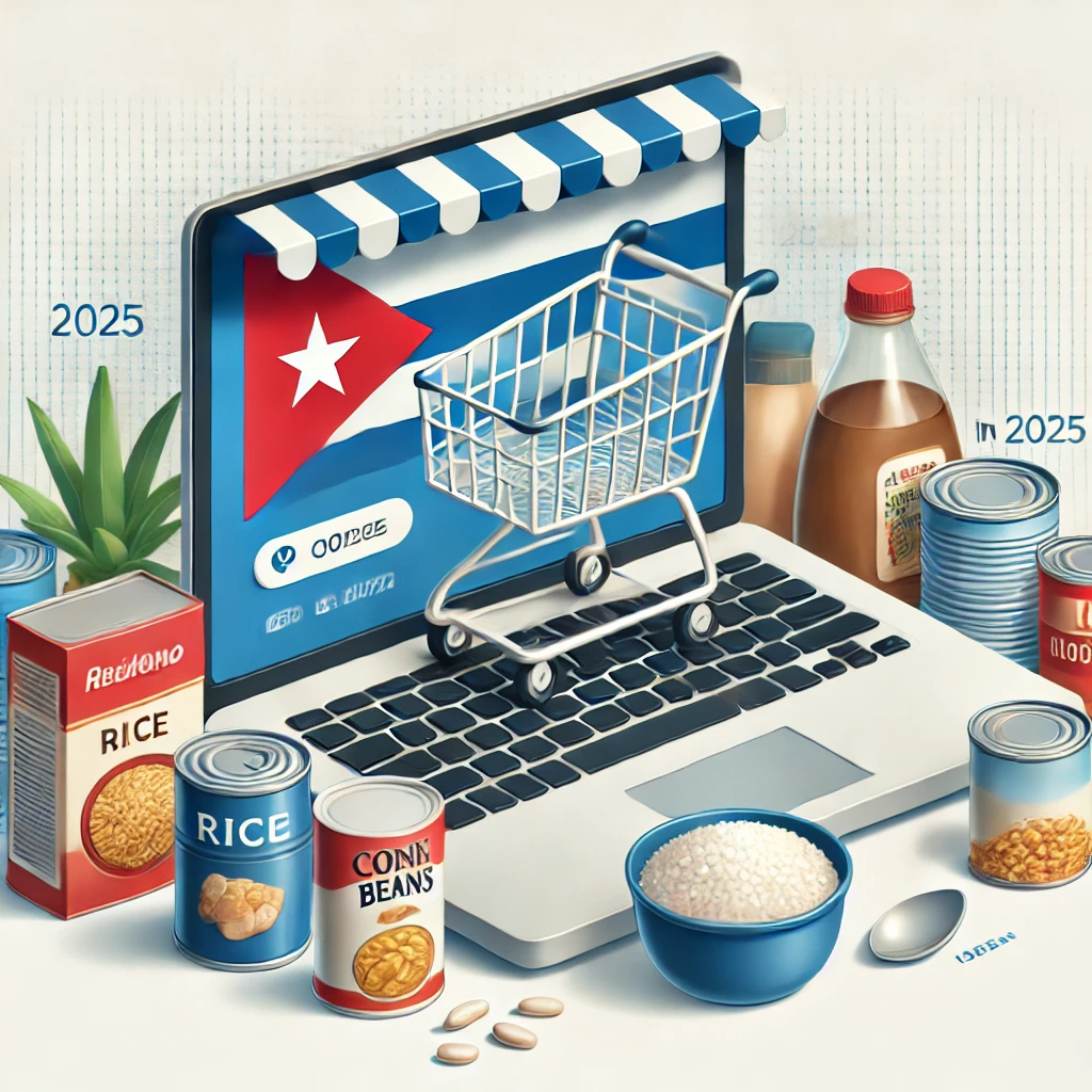 "Ilustración digital de una compra de alimentos en línea para envío a Cuba en 2025. Se muestra un portátil con un icono de carrito de compras en la pantalla, rodeado de productos esenciales como arroz, frijoles, productos enlatados y aceite de cocina. En el fondo, se observa sutilmente la bandera de Cuba, representando el destino del envío.