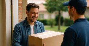 Hombre sonriente recibiendo un paquete en la puerta de su casa de manos de un repartidor, representando una entrega de productos realizada por la tienda yuppymarket.com, en un entorno residencial y bien iluminado.