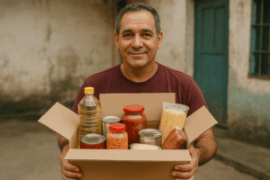 Cliente de Yuppy Market entrega una caja con alimentos esenciales como aceite, conservas y pasta a su familia en Cuba, representando el apoyo desde el extranjero a través de envíos rápidos y seguros.