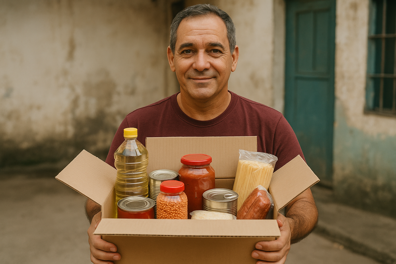 Cliente de Yuppy Market entrega una caja con alimentos esenciales como aceite, conservas y pasta a su familia en Cuba, representando el apoyo desde el extranjero a través de envíos rápidos y seguros.