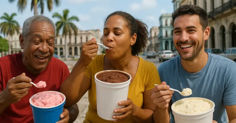 Tres personas cubanas disfrutan de helado al aire libre en una calle con arquitectura colonial y palmeras al fondo, reflejando un momento alegre y familiar en un entorno caribeño.