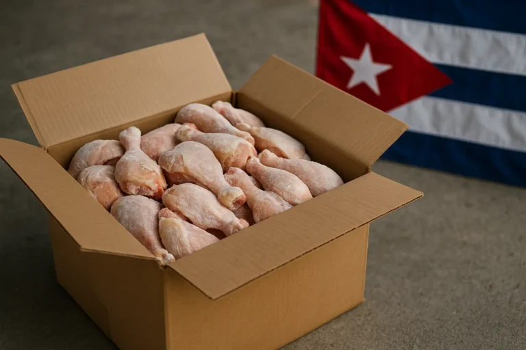 Caja de cartón llena de muslos de pollo congelados sobre una superficie de cemento, con la bandera de Cuba desenfocada en el fondo, simbolizando el envío de alimentos desde el extranjero.