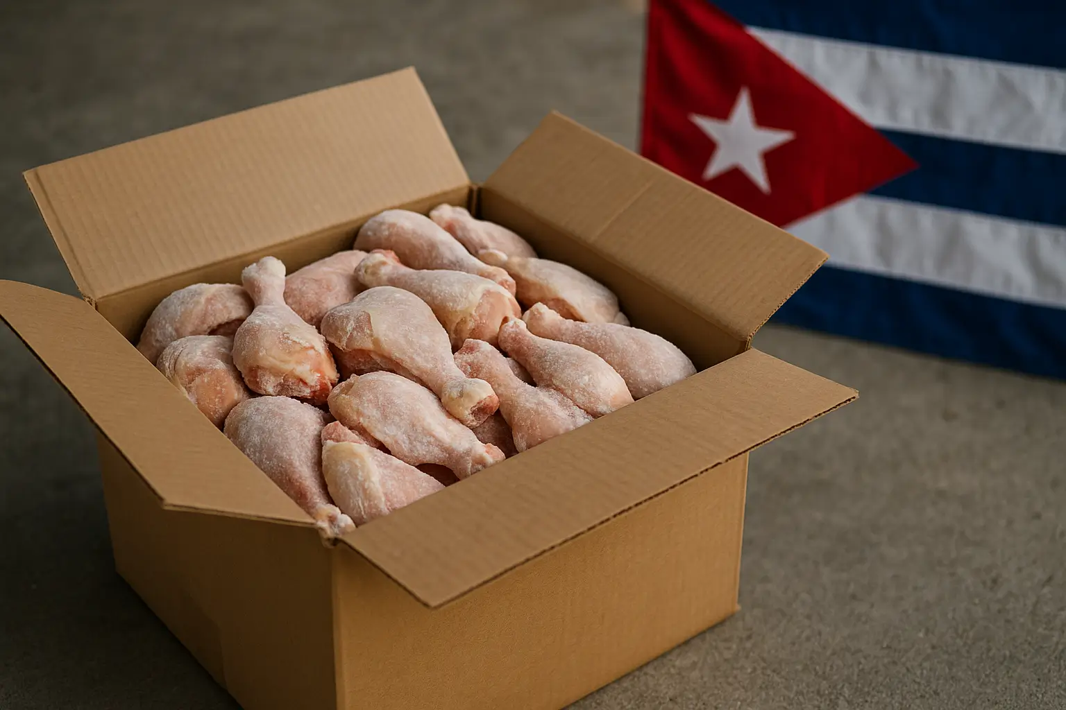 Caja de cartón llena de muslos de pollo congelados sobre una superficie de cemento, con la bandera de Cuba desenfocada en el fondo, simbolizando el envío de alimentos desde el extranjero.