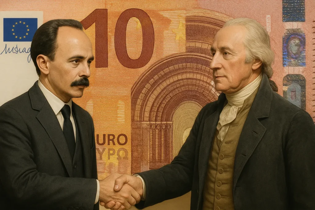 José Martí y George Washington dándose la mano con expresiones serias, simbolizando la complejidad de las relaciones económicas entre Cuba y el extranjero, sobre un fondo de billete de 10 euros.
