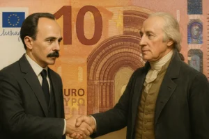 José Martí y George Washington dándose la mano con expresiones serias, simbolizando la complejidad de las relaciones económicas entre Cuba y el extranjero, sobre un fondo de billete de 10 euros.