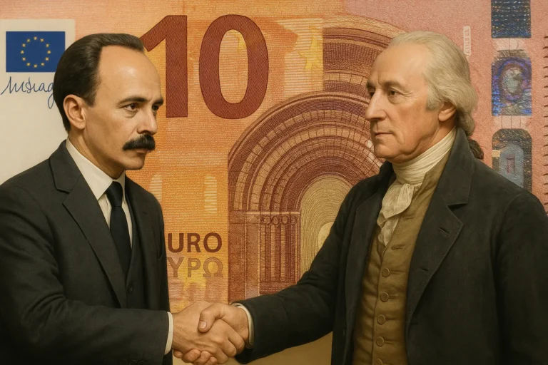 José Martí y George Washington dándose la mano con expresiones serias, simbolizando la complejidad de las relaciones económicas entre Cuba y el extranjero, sobre un fondo de billete de 10 euros.