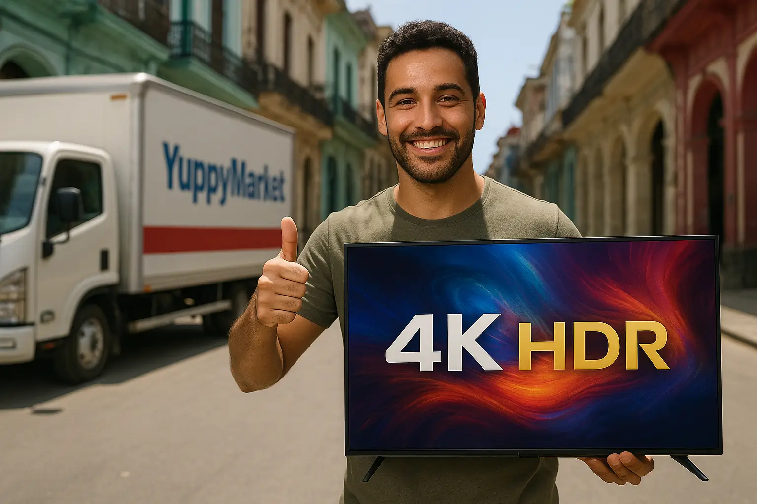 Un joven cubano sonriente sostiene un televisor moderno frente a coloridas fachadas coloniales, con un camión de reparto de YuppyMarket al fondo, transmitiendo confianza y satisfacción con su compra.