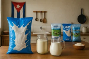 Leche en polvo de las marcas Macro Food, Markesa y Capri en una cocina cubana con bandera de Cuba, acompañadas de leche preparada y envase de vidrio, mostrando calidad y envíos confiables a Cuba