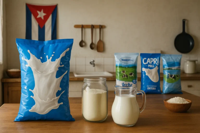 Leche en polvo de las marcas Macro Food, Markesa y Capri en una cocina cubana con bandera de Cuba, acompañadas de leche preparada y envase de vidrio, mostrando calidad y envíos confiables a Cuba