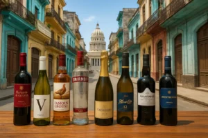 Ocho botellas de licor alineadas sobre una mesa de madera, con una calle típica de Cuba al fondo, edificios coloniales coloridos y el Capitolio al fondo. Incluye vinos, whisky, vodka, ron y espumoso de origen europeo.
