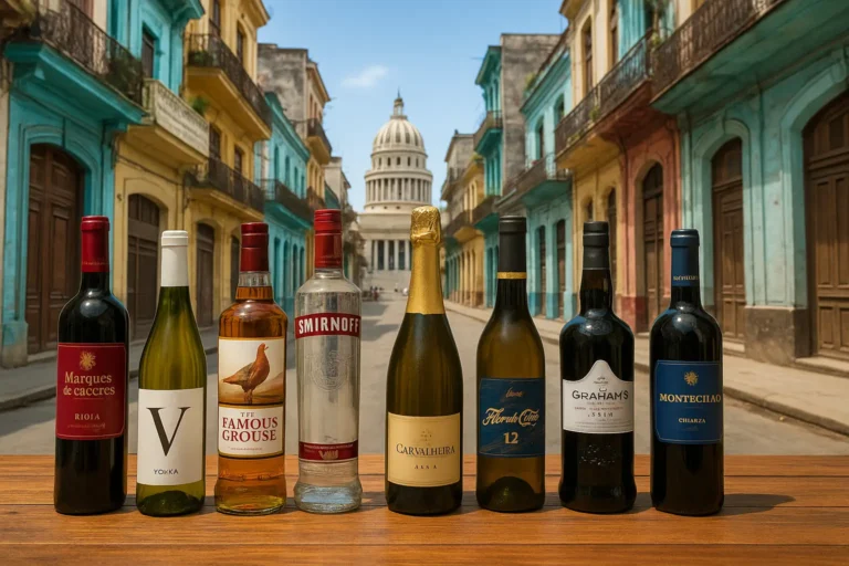 Ocho botellas de licor alineadas sobre una mesa de madera, con una calle típica de Cuba al fondo, edificios coloniales coloridos y el Capitolio al fondo. Incluye vinos, whisky, vodka, ron y espumoso de origen europeo.
