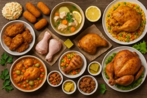 Variedad de platos cubanos con pollo sobre una mesa de madera, incluyendo fricasé, sopa, arroz con pollo, pollo frito, asado, croquetas, ensalada fría, muslos crudos y condimentos tradicionales