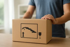Una persona colocando cuidadosamente una caja de cartón sobre una mesa de madera, con un símbolo de envío que incluye la silueta de Cuba, en un entorno doméstico iluminado por luz natural.