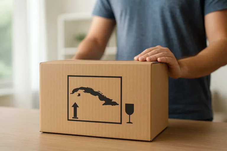 Una persona colocando cuidadosamente una caja de cartón sobre una mesa de madera, con un símbolo de envío que incluye la silueta de Cuba, en un entorno doméstico iluminado por luz natural.