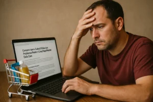Hombre preocupado frente a su portátil mientras intenta comprar online para Cuba; una pequeña carreta de supermercado con productos simboliza las compras y la dificultad del proceso.