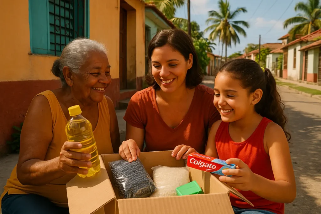 Familia cubana de tres generaciones sonríe mientras recibe una caja con alimentos y productos de aseo en Santiago de Cuba, enviada desde el extranjero