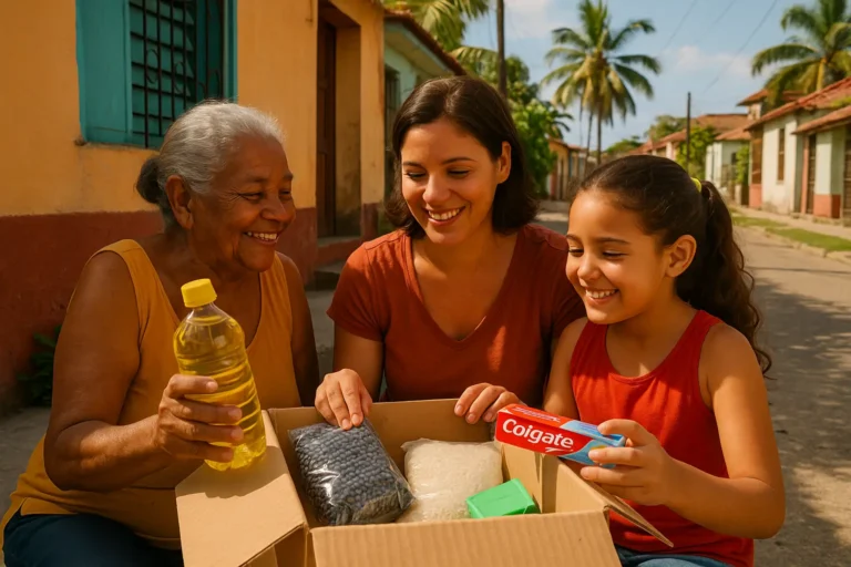 Familia cubana de tres generaciones sonríe mientras recibe una caja con alimentos y productos de aseo en Santiago de Cuba, enviada desde el extranjero