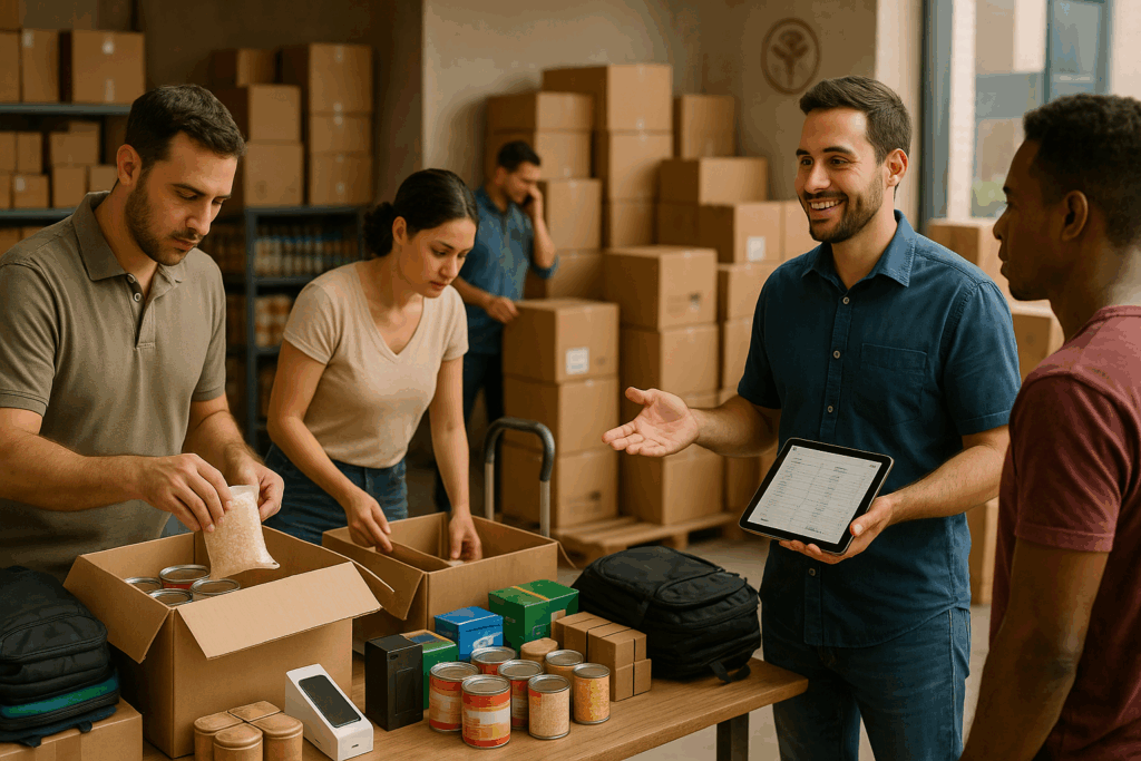 Un grupo de personas trabaja en un almacén iluminado por luz natural, organizando productos como alimentos enlatados, mochilas, artículos electrónicos y cajas de cartón. Uno de ellos sostiene una tablet mientras conversa con otro cliente, mostrando un entorno profesional de compra y venta mayorista. Al fondo se ven estanterías llenas y pilas de cajas, reflejando actividad comercial y logística eficiente.