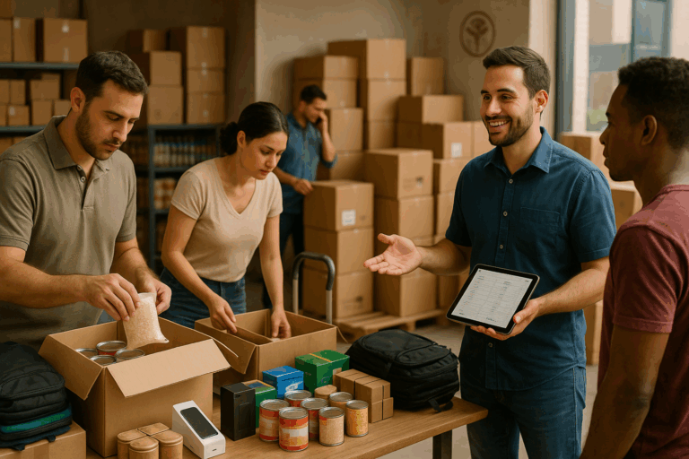 Un grupo de personas trabaja en un almacén iluminado por luz natural, organizando productos como alimentos enlatados, mochilas, artículos electrónicos y cajas de cartón. Uno de ellos sostiene una tablet mientras conversa con otro cliente, mostrando un entorno profesional de compra y venta mayorista. Al fondo se ven estanterías llenas y pilas de cajas, reflejando actividad comercial y logística eficiente.