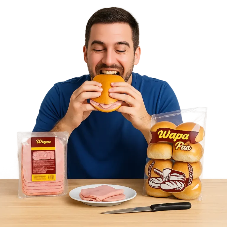 un hombre disfrutando de un sándwich con productos WAPA