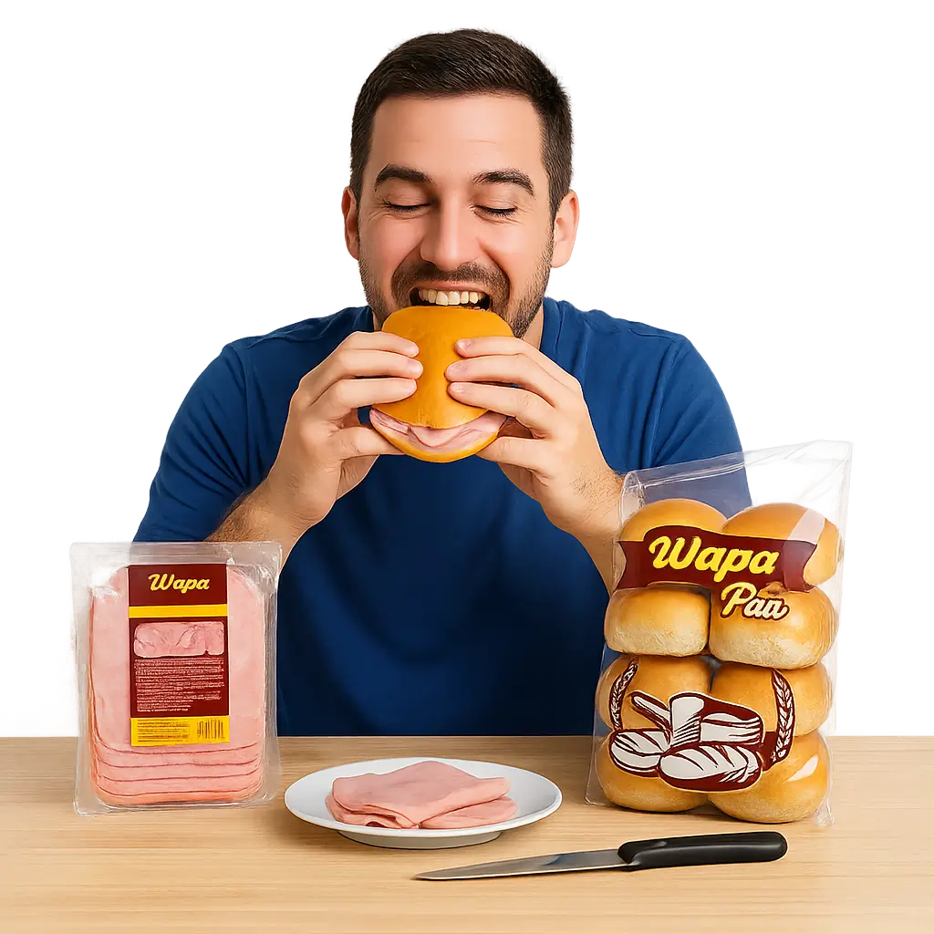 un hombre disfrutando de un sándwich con productos WAPA