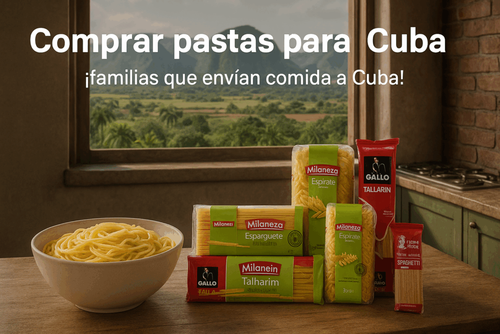 Cocina cubana con ventana al Valle de Viñales y paquetes de pastas sobre la mesa junto a un bol de espaguetis cocidos. Imagen promocional de comprar pastas para enviar a Cuba.