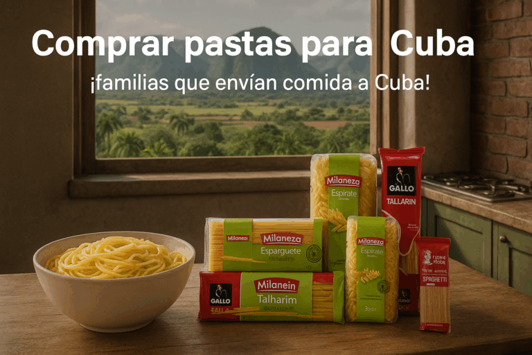 Cocina cubana con ventana al Valle de Viñales y paquetes de pastas sobre la mesa junto a un bol de espaguetis cocidos. Imagen promocional de comprar pastas para enviar a Cuba.