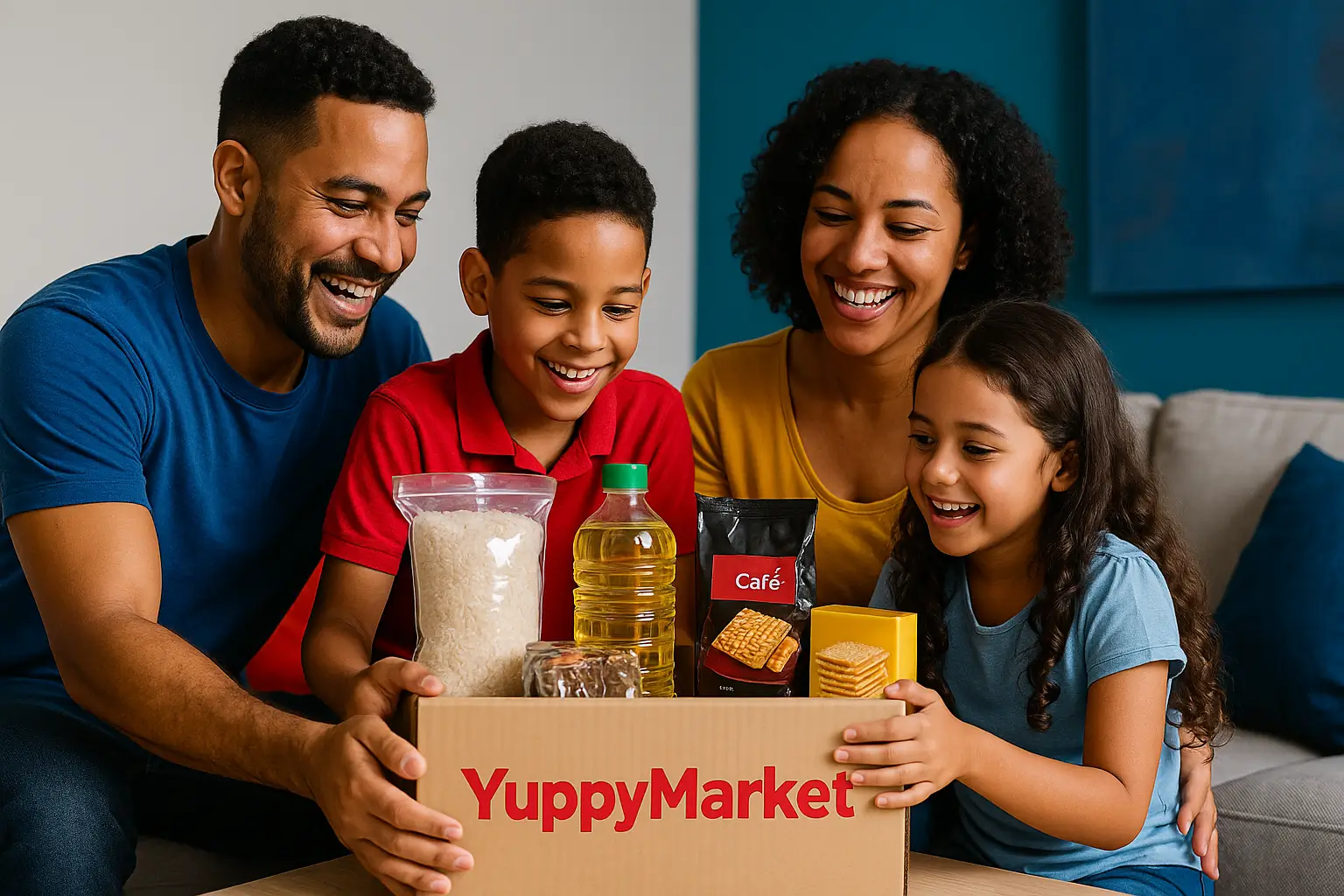 Familia cubana sonriente en su sala, abriendo una caja de supermercado con el logo de YuppyMarket, que contiene arroz, aceite, café y galletas, en un ambiente hogareño y luminoso.
