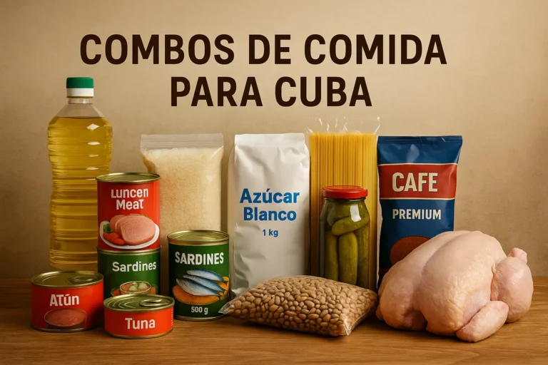 Combo de comida para Cuba con arroz, frijoles, aceite, pollo, café, azúcar, pasta y conservas listo para envío